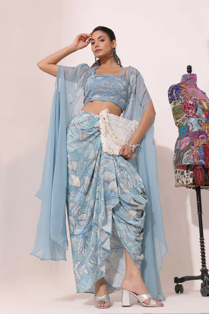 Embellished Jacket Dress with Printed Dhoti Pant