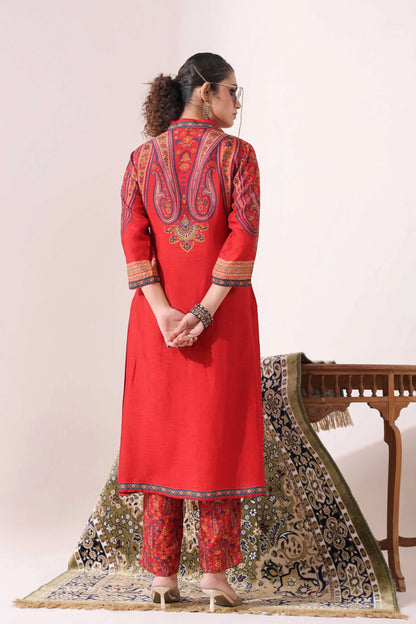 Red Colour Traditional Print Kurti with Printed Pant