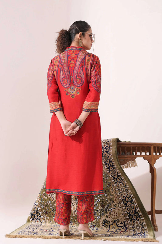 Red Colour Traditional Print Kurti with Printed Pant