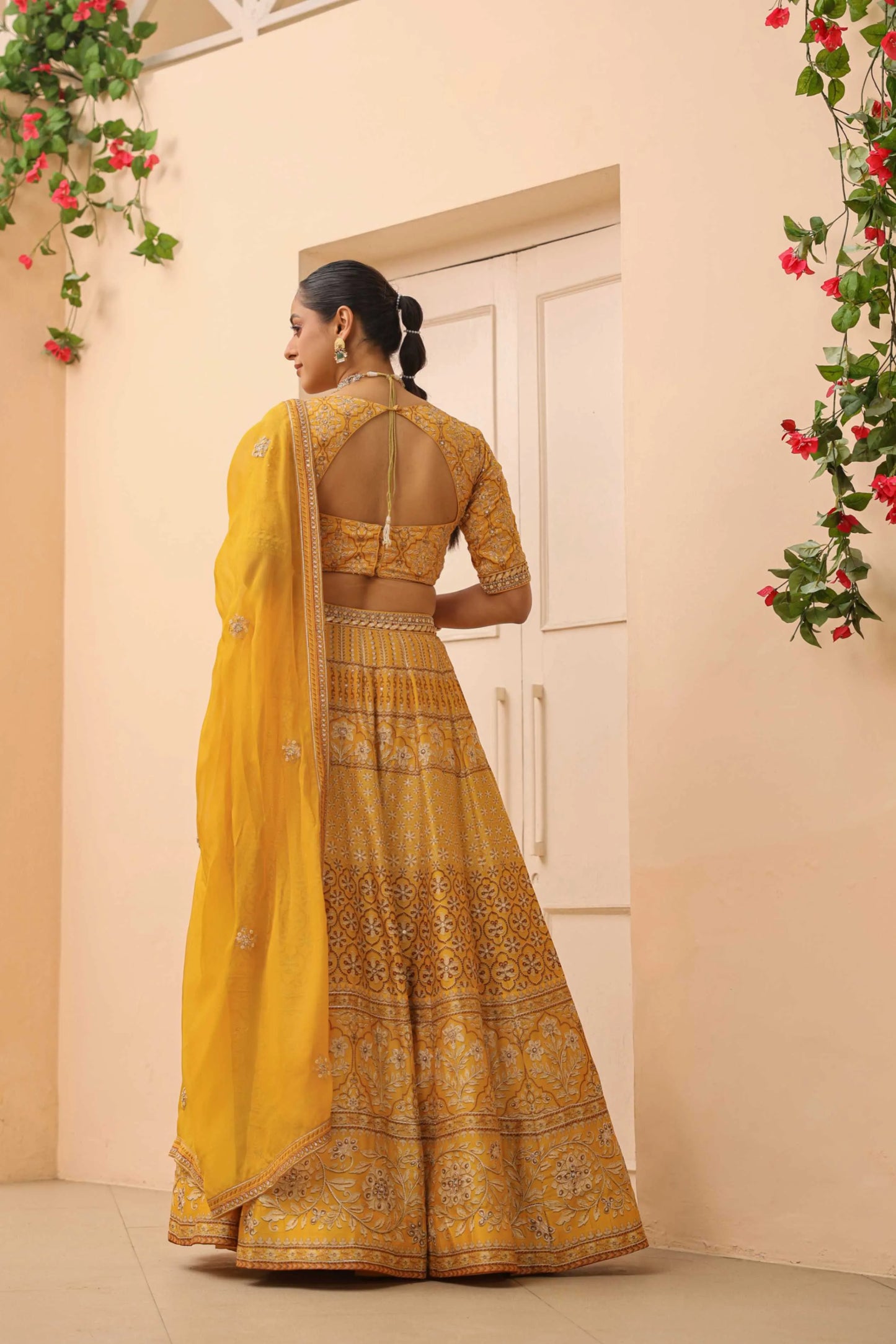 Mustrad Yellow Traditional Print Lehanga with embroidired Blouse & Dupatta