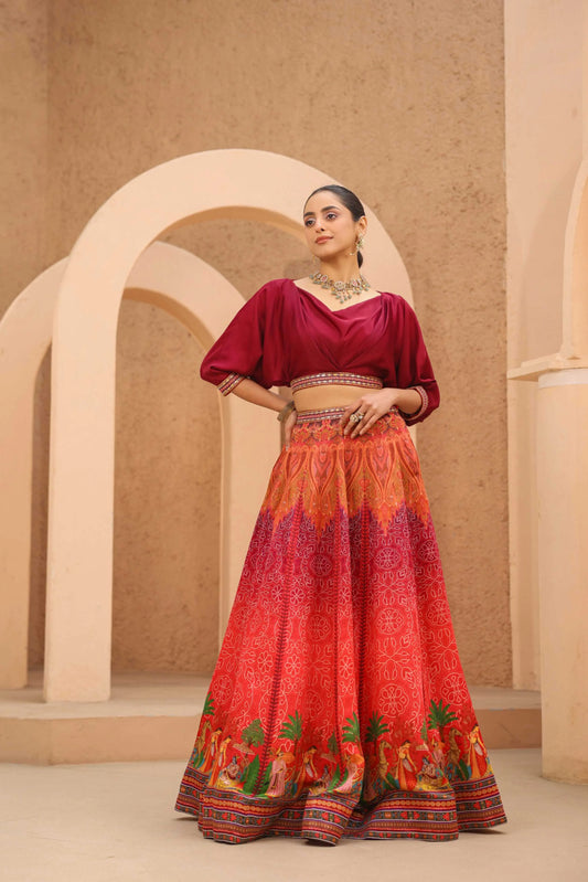 Traditional Print Lehanga with Cowl Blouse
