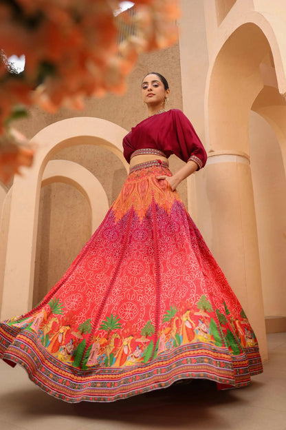 Traditional Print Lehanga with Cowl Blouse