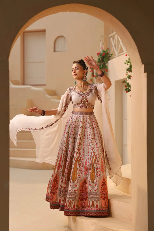 Traditional Kashmiri Print Lehanga with Fully embroidired Blouse & Dupatta