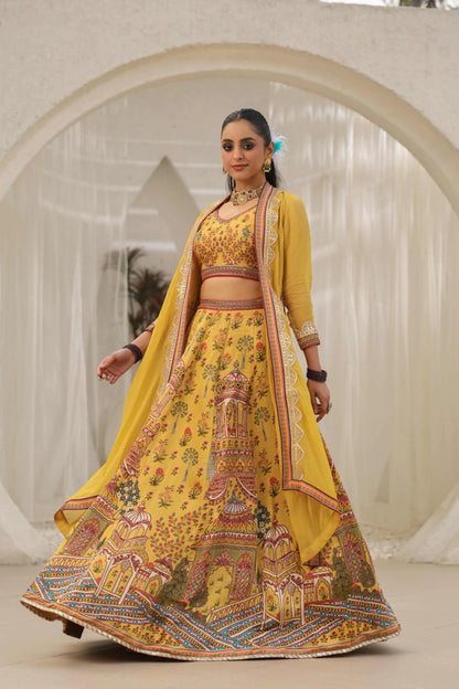 Traditional Print & Embroidery Embellished Mustard Yellow Lehanga with Jackets