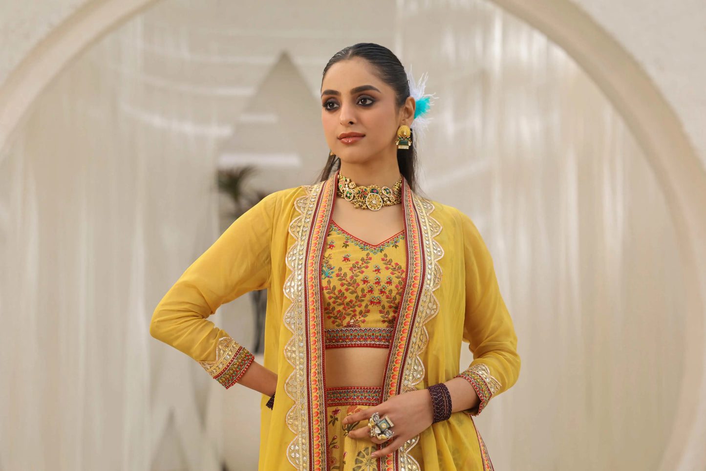 Traditional Print & Embroidery Embellished Mustard Yellow Lehanga with Jackets