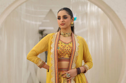 Traditional Print & Embroidery Embellished Mustard Yellow Lehanga with Jackets