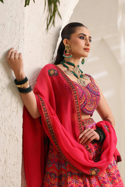 Rani ColourTraditional Print Lehanga with Fully embroidired Blouse & Dupatta