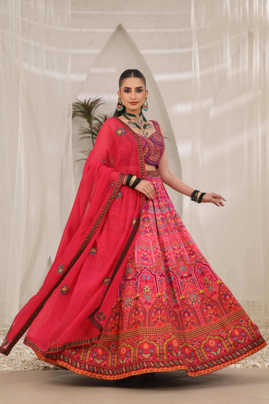 Rani ColourTraditional Print Lehanga with Fully embroidired Blouse & Dupatta