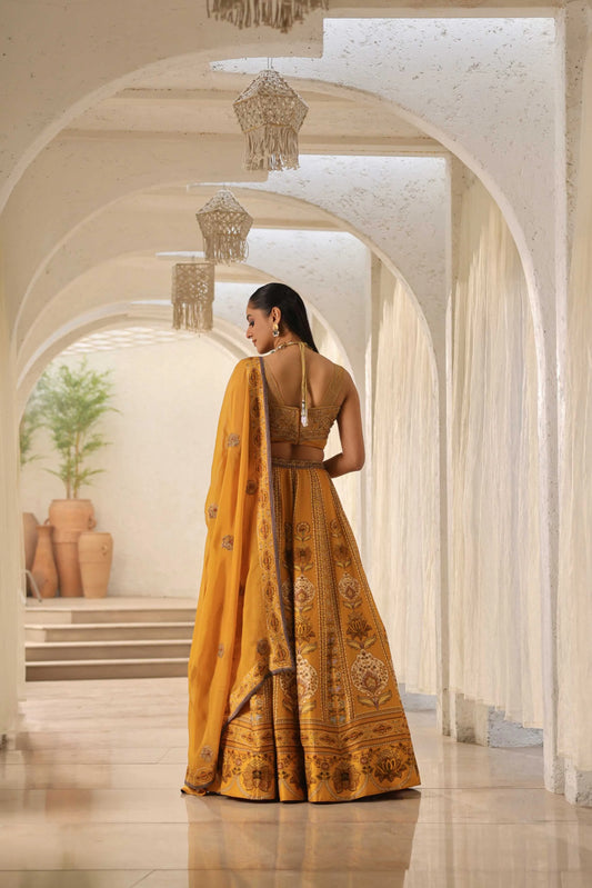 Mustrad Yellow Traditional Print Lehanga with Fully embroidired Blouse & Dupatta