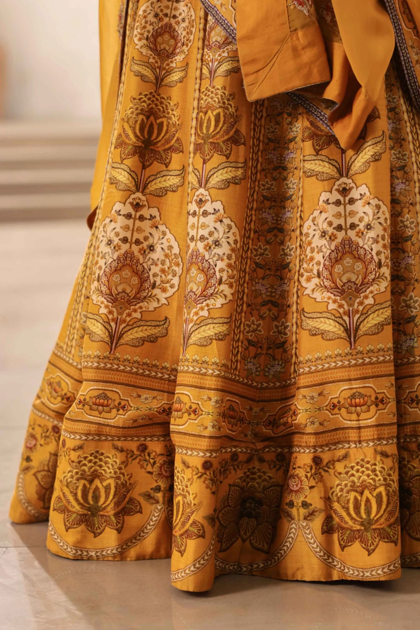 Mustrad Yellow Traditional Print Lehanga with Fully embroidired Blouse & Dupatta
