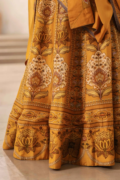 Mustrad Yellow Traditional Print Lehanga with Fully embroidired Blouse & Dupatta