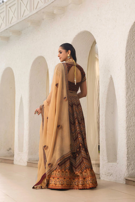 Coffee Brown Traditional Print Lehanga with Fully embroidired Blouse & Dupatta