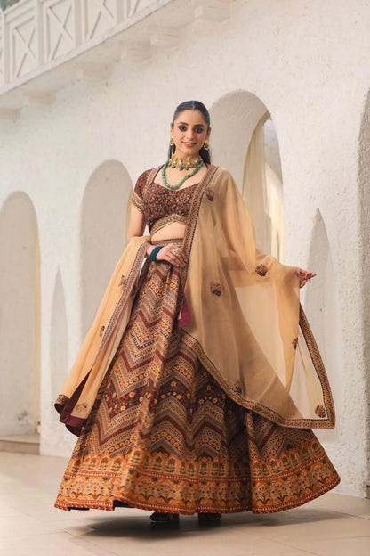 Coffee Brown Traditional Print Lehanga with Fully embroidired Blouse & Dupatta