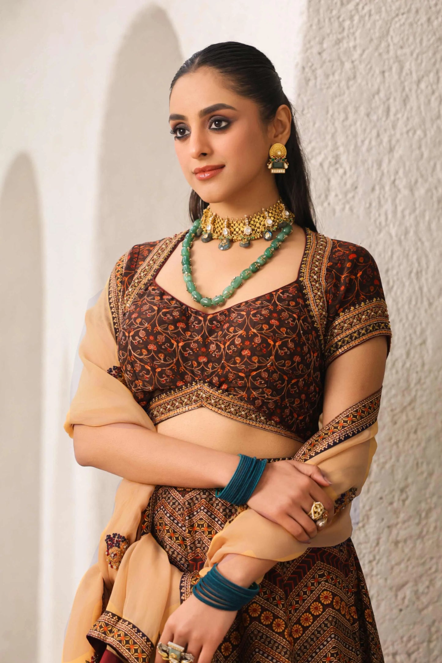 Coffee Brown Traditional Print Lehanga with Fully embroidired Blouse & Dupatta