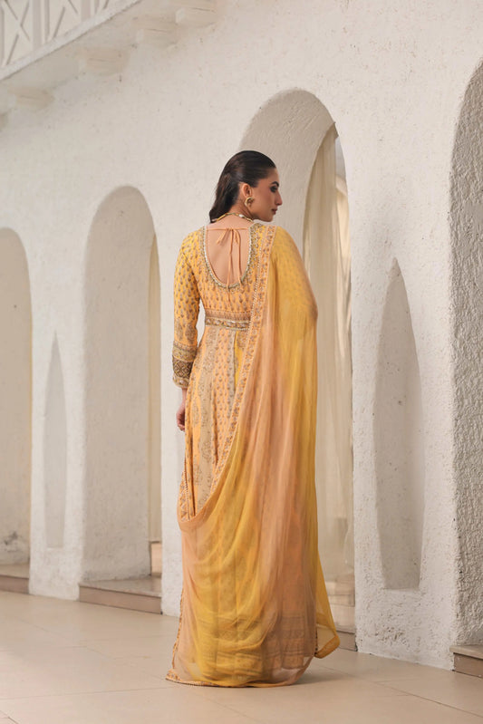 Mustrad Yellow Traditional Print Long Gown with Dupatta