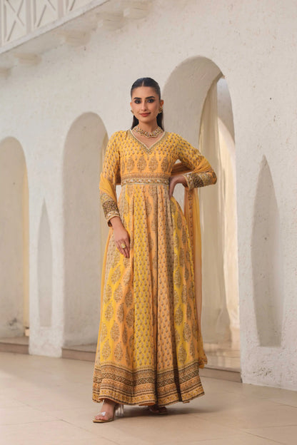 Mustrad Yellow Traditional Print Long Gown with Dupatta