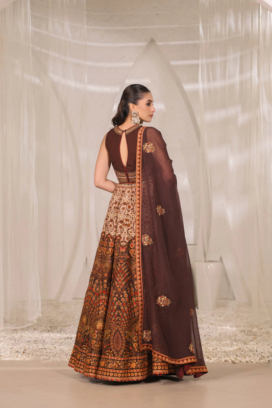 Coffee Brown Traditional Print Lehanga with Fully embroidired Blouse & Dupatta