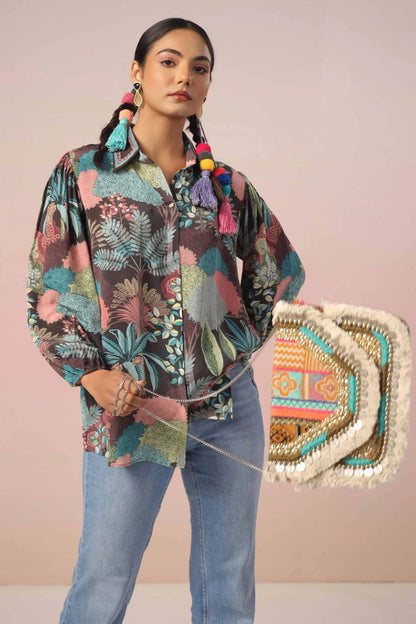 Printed Short Top with light machine emb. On Collar