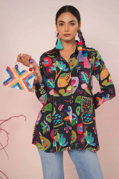 Printed Short Top with light machine emb. On Collar