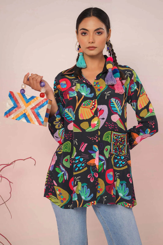 Printed Short Top with light machine emb. On Collar