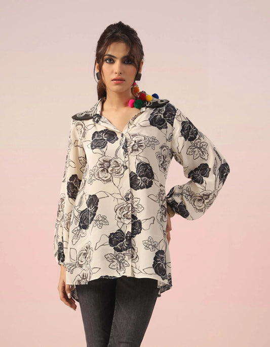 B&W Printed Short Top with light machine Emb. on Collar
