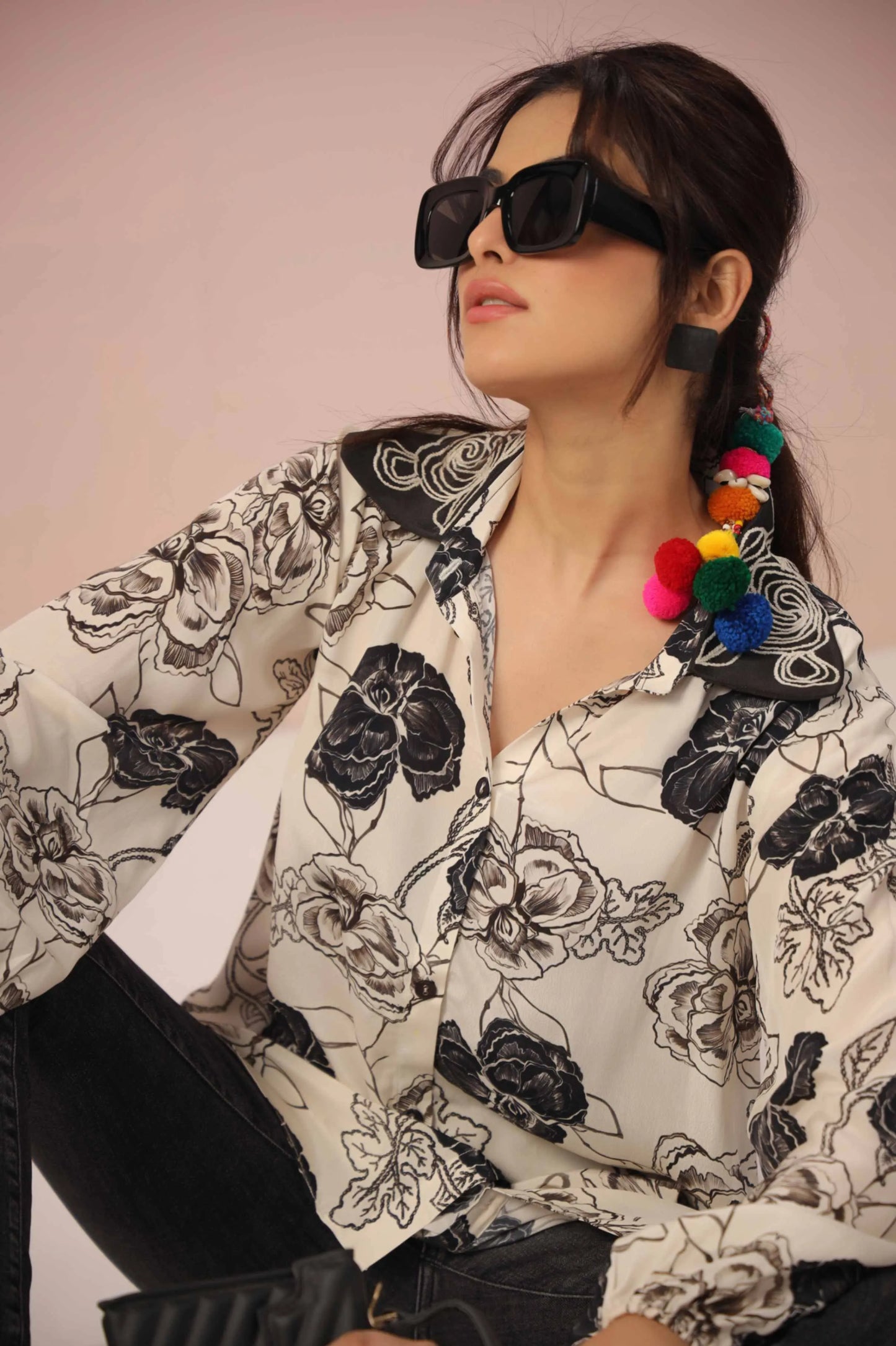 B&W Printed Short Top with light machine Emb. on Collar