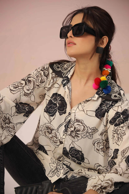 B&W Printed Short Top with light machine Emb. on Collar