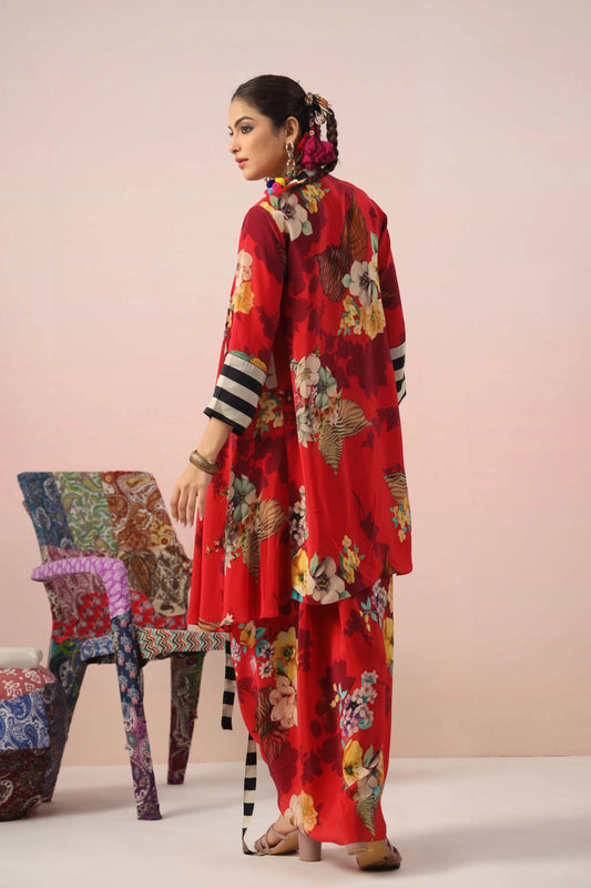 Floral Print Dress with Dhoti Pant and Jacket