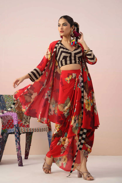 Floral Print Dress with Dhoti Pant and Jacket