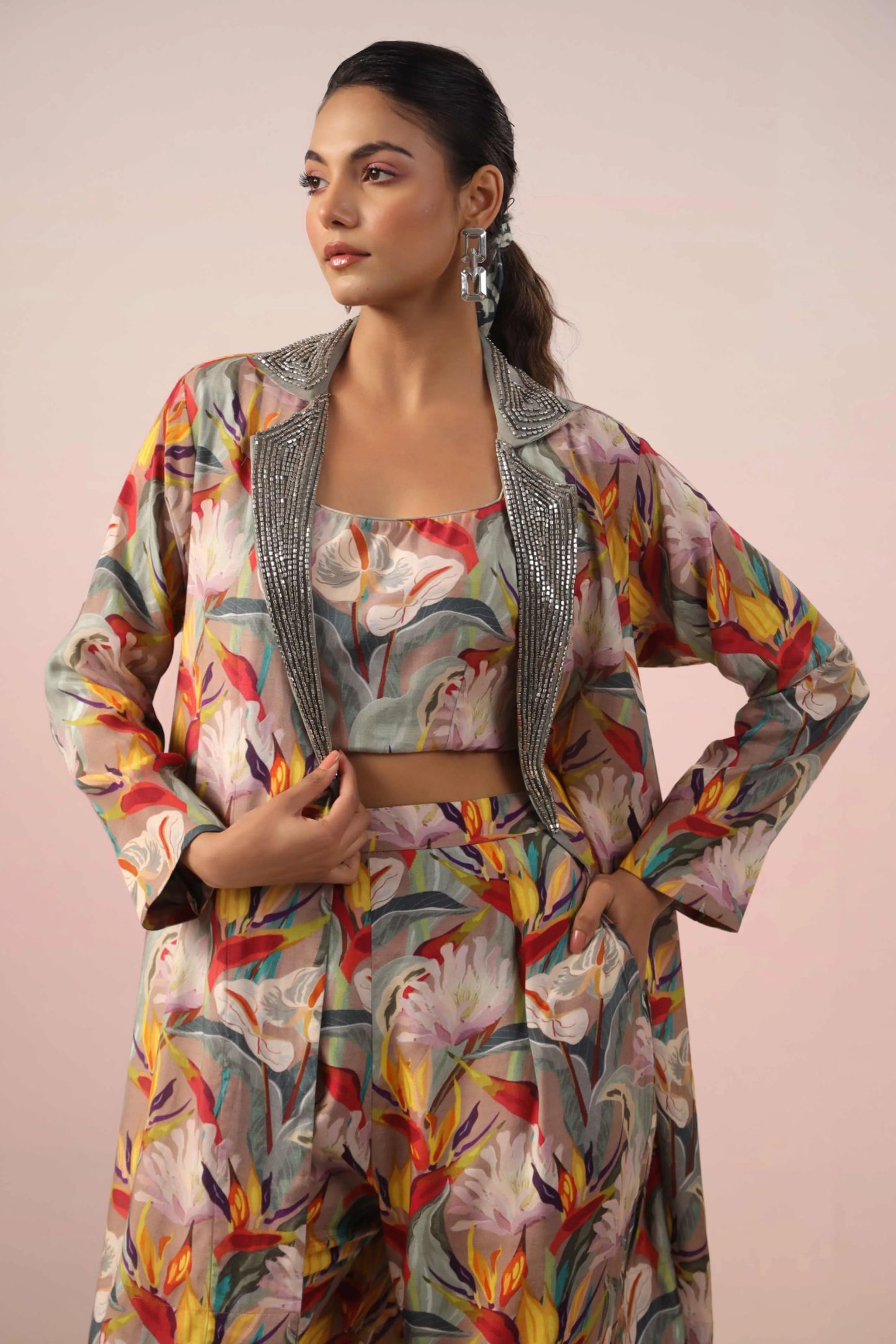 Printed Dress with Jacket and Embellishe Jacket