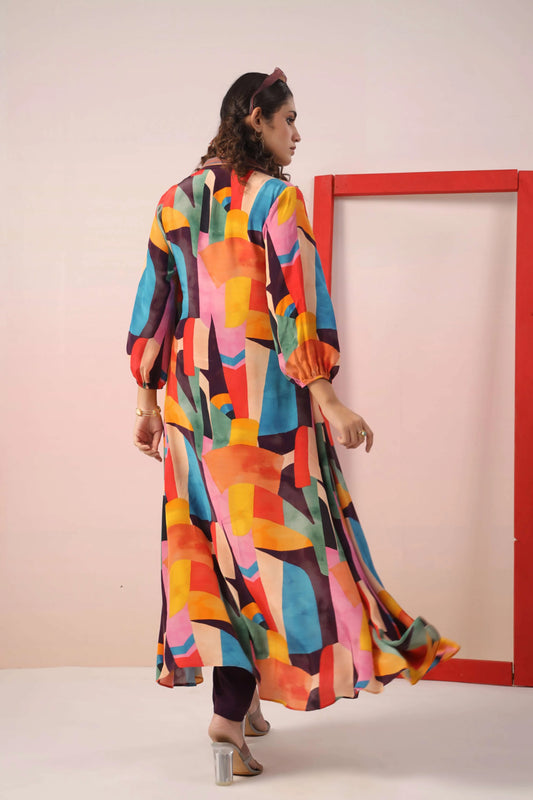 Circular cut Abstract Print Dress with Pant