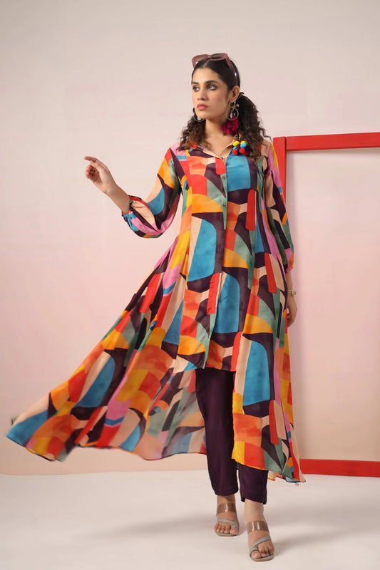 Circular cut Abstract Print Dress with Pant