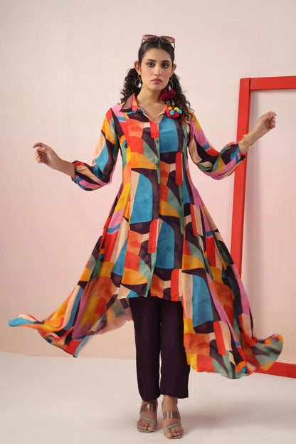 Circular cut Abstract Print Dress with Pant