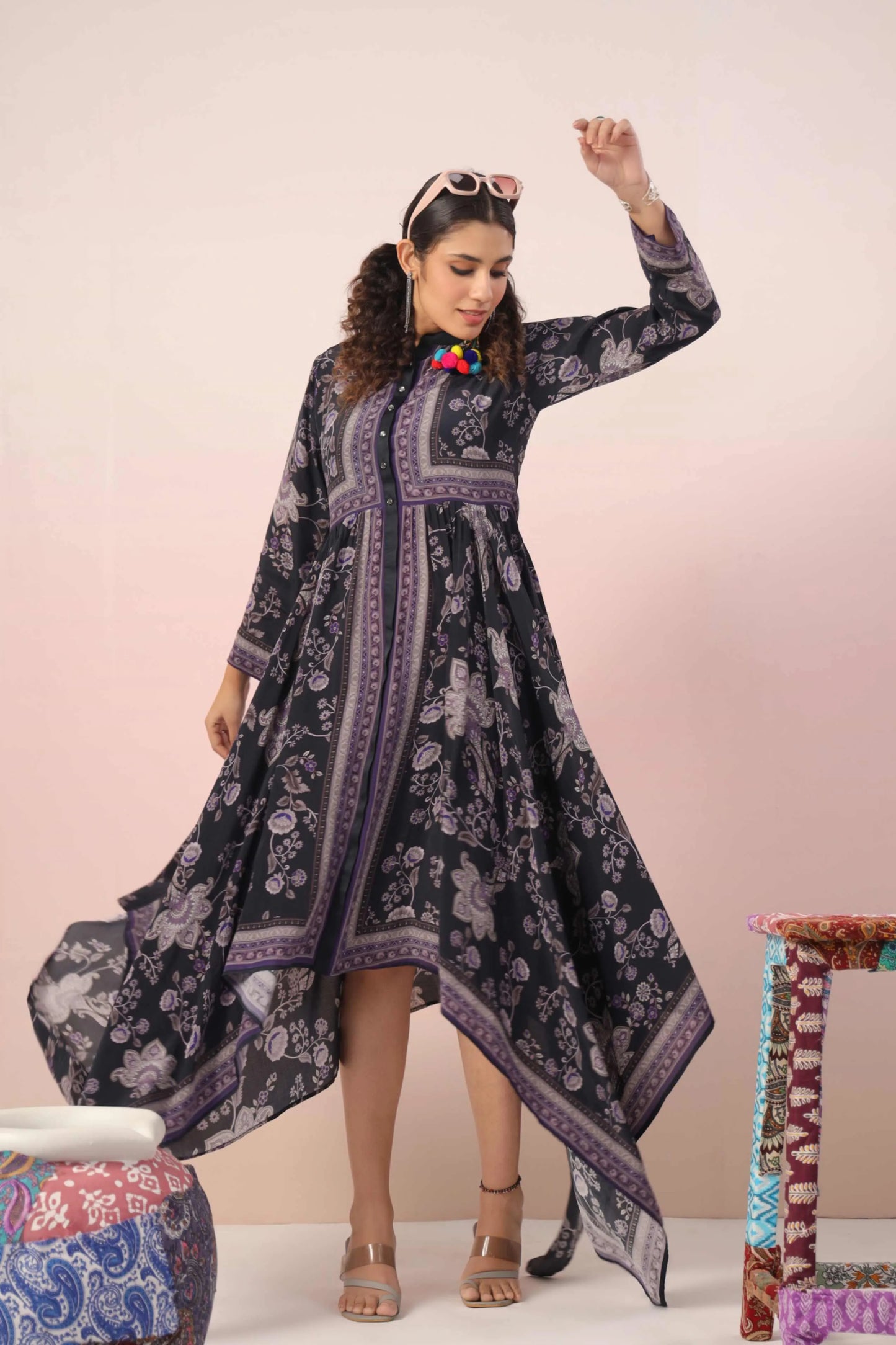 V-Cut Self Flaired Printed Dress