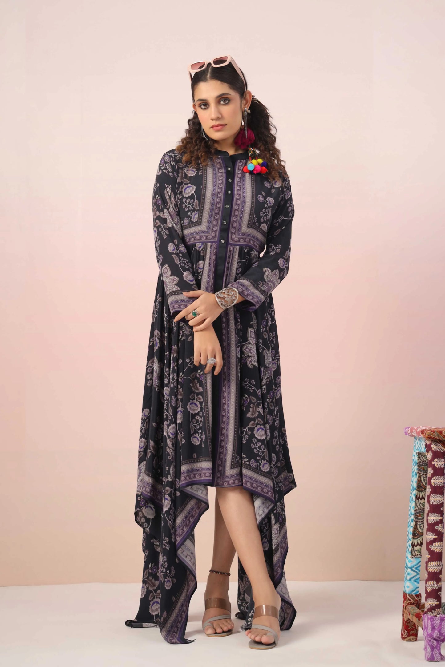 V-Cut Self Flaired Printed Dress