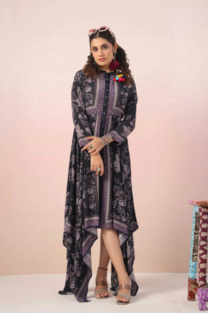V-Cut Self Flaired Printed Dress